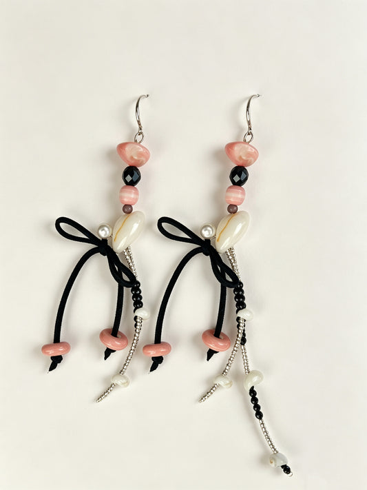 Natural Shell & Pink Opal Asymmetric Tassel Earrings