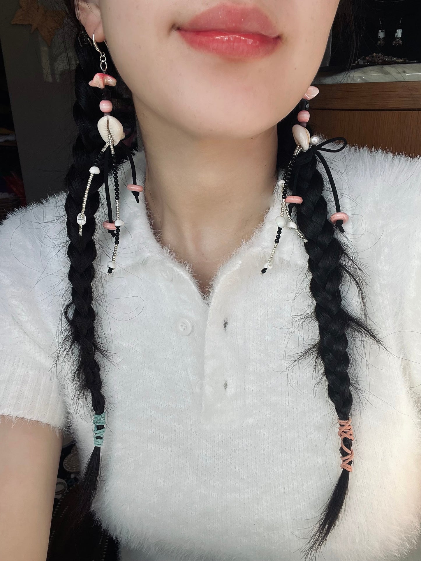 Natural Shell & Pink Opal Asymmetric Tassel Earrings