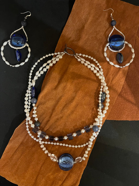 Deep Sea Echo Collection 3-Layer Deep Blue Glass & Natural Pearl Statement Necklace