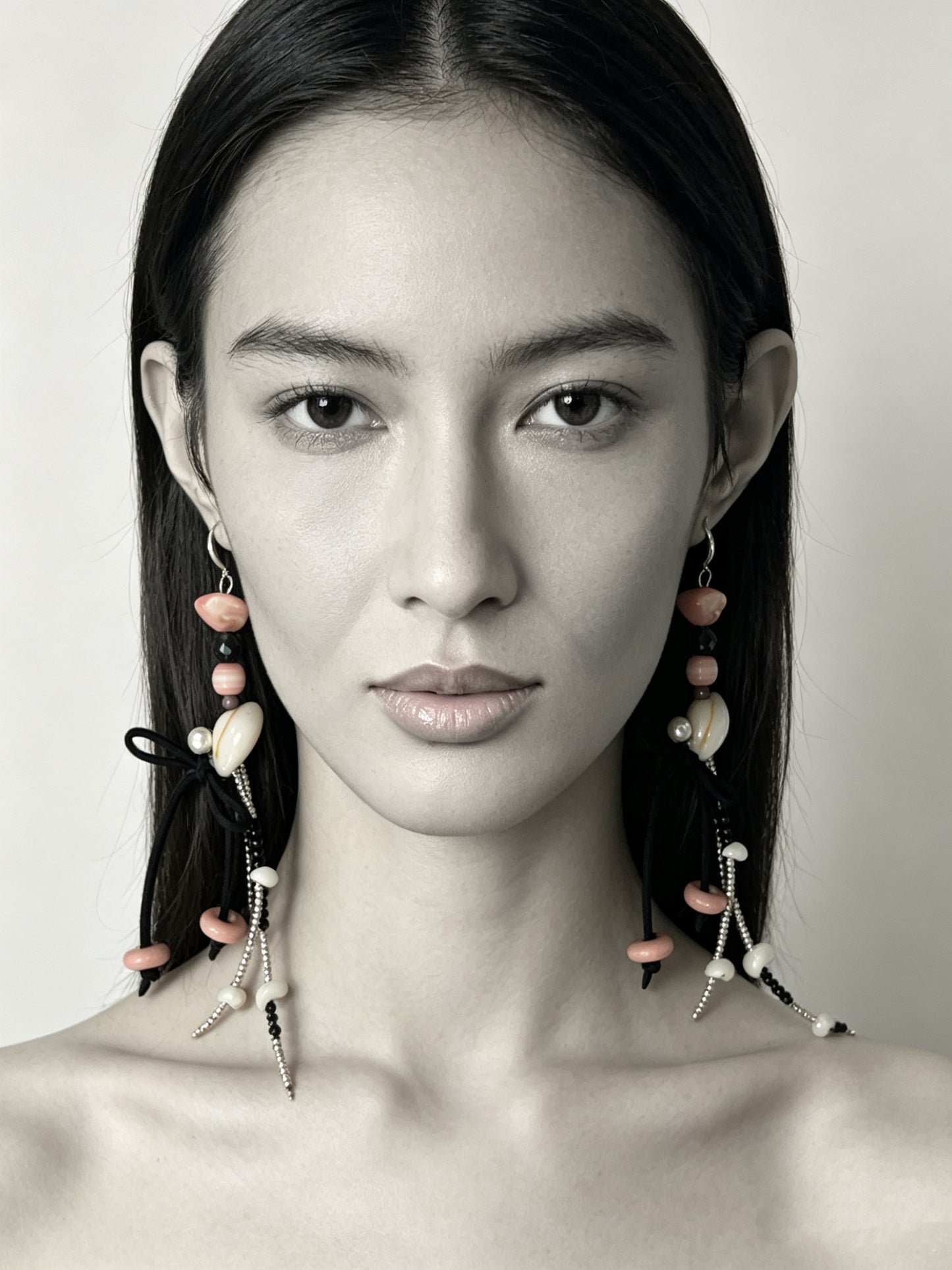Natural Shell & Pink Opal Asymmetric Tassel Earrings