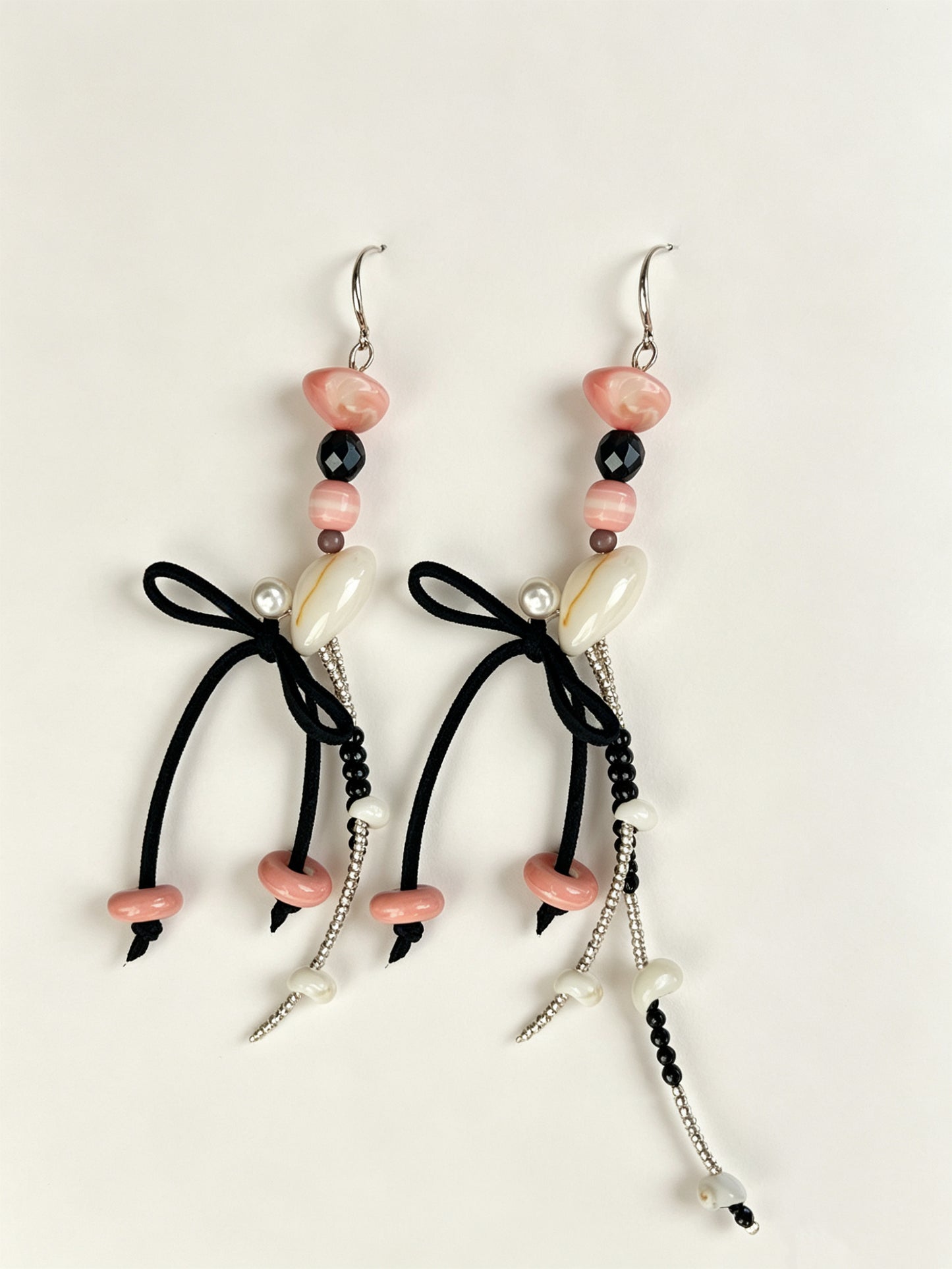 Natural Shell & Pink Opal Asymmetric Tassel Earrings