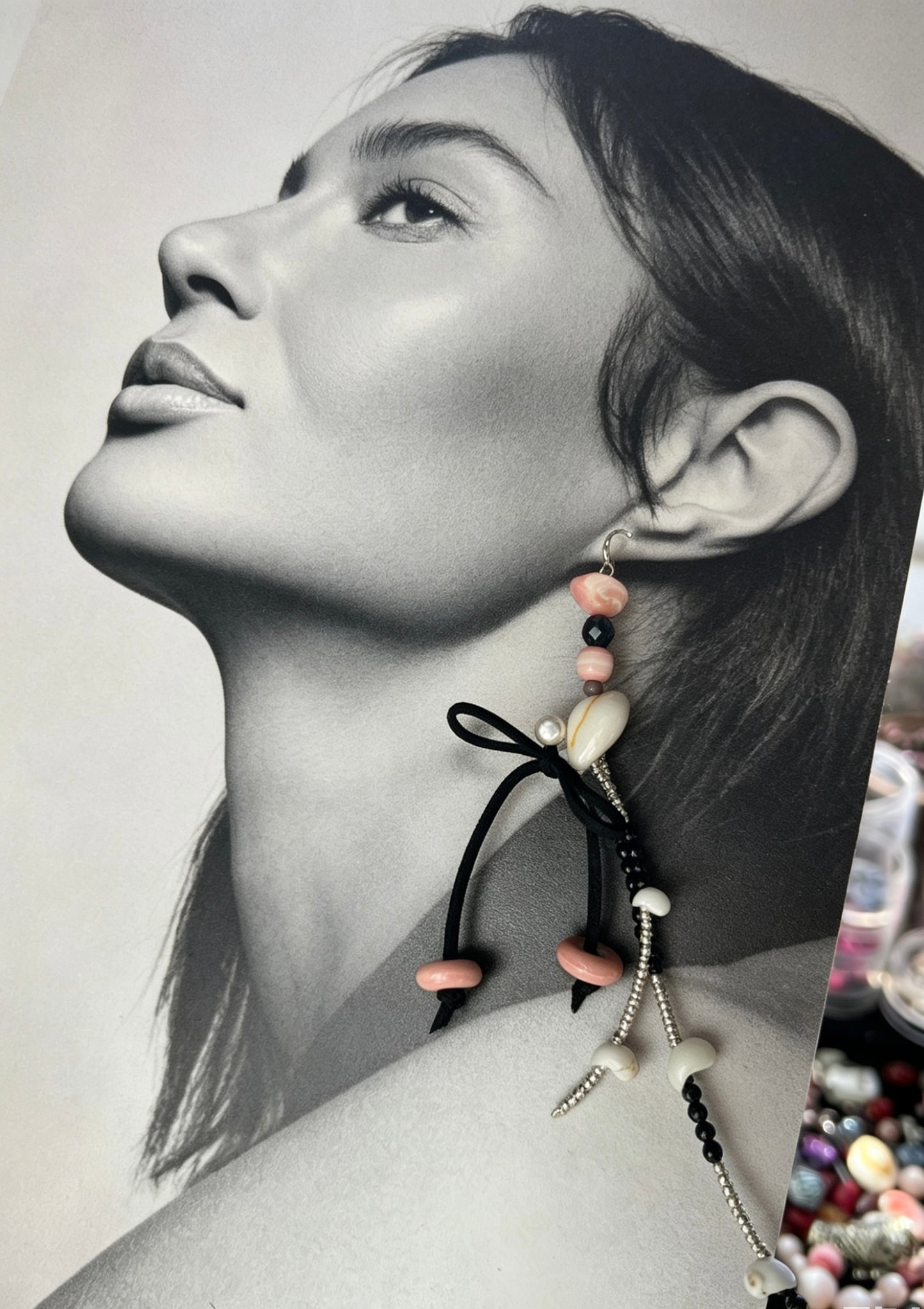 Natural Shell & Pink Opal Asymmetric Tassel Earrings