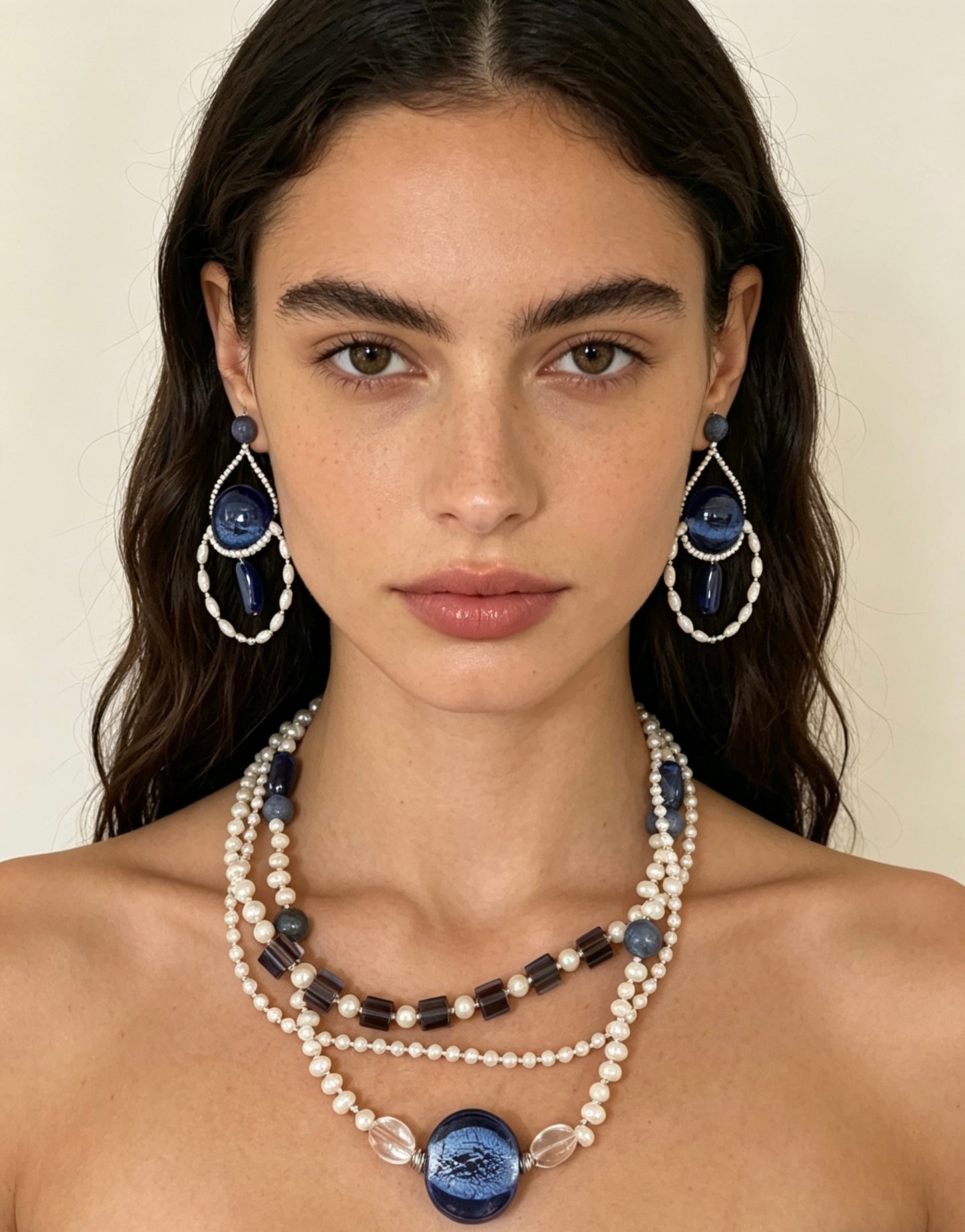 Deep Sea Echo Collection 3-Layer Deep Blue Glass & Natural Pearl Statement Necklace