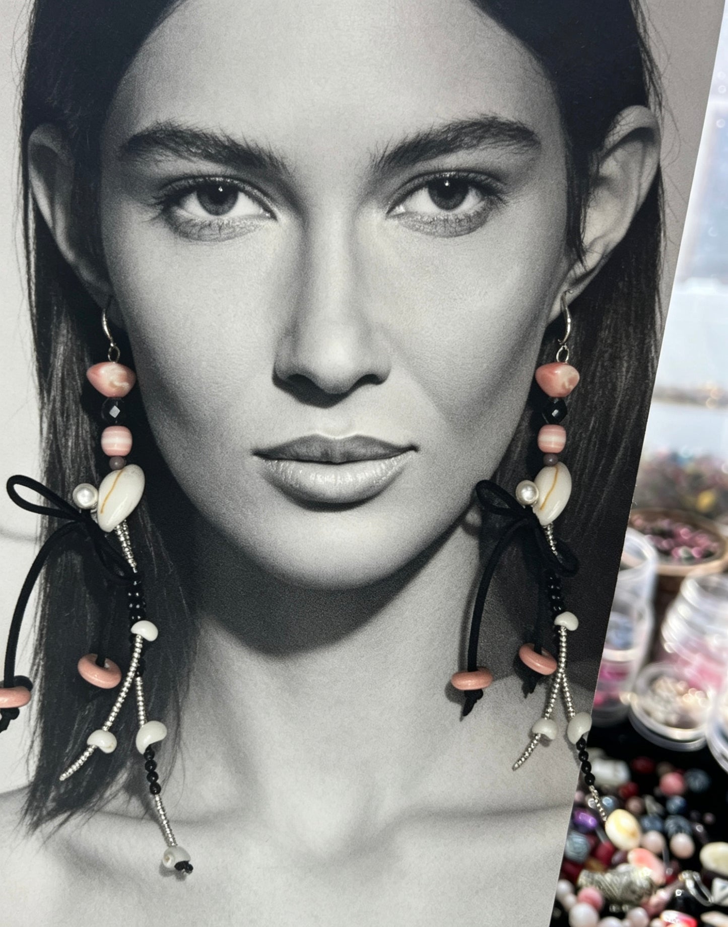 Natural Shell & Pink Opal Asymmetric Tassel Earrings