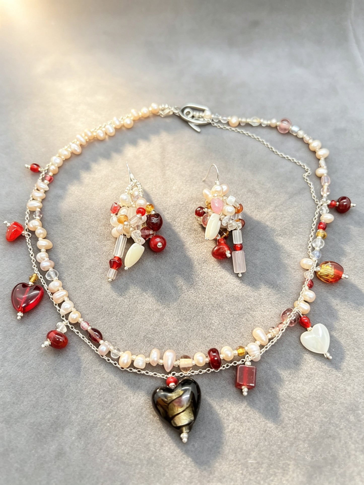 ✨ Caramel Berry Twilight | Handmade Natural Pearl & Vintage Glass Bead Jewelry Set
