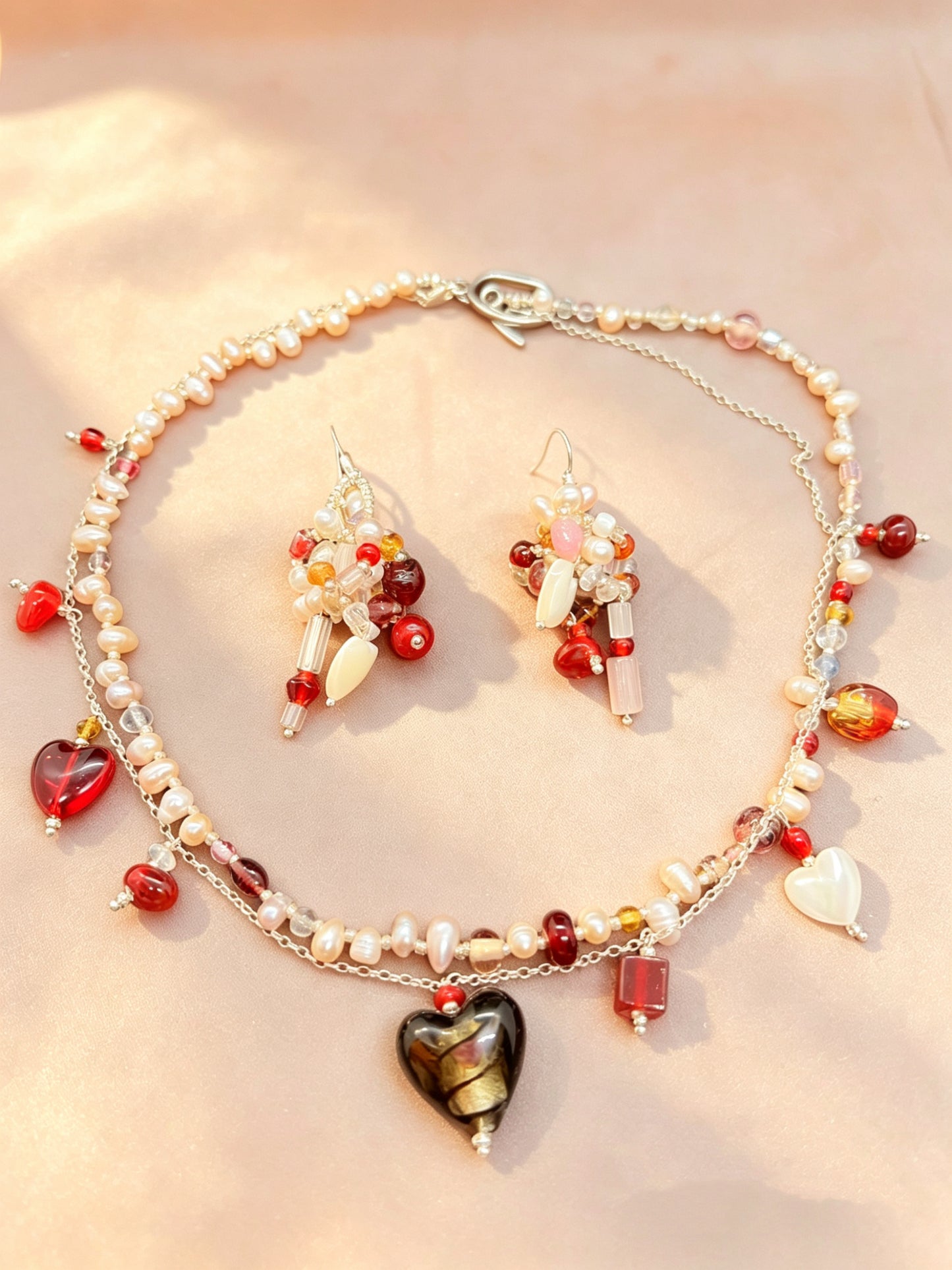 ✨ Caramel Berry Twilight | Handmade Natural Pearl & Vintage Glass Bead Jewelry Set
