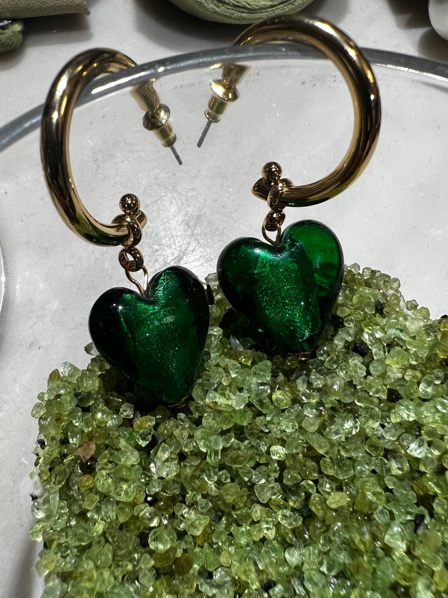 Green Glass Heart Earrings
