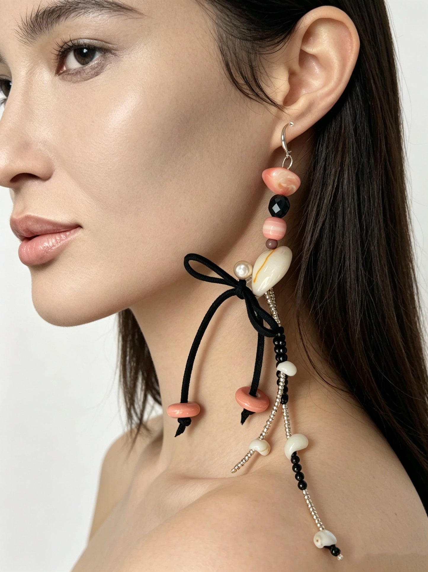Natural Shell & Pink Opal Asymmetric Tassel Earrings
