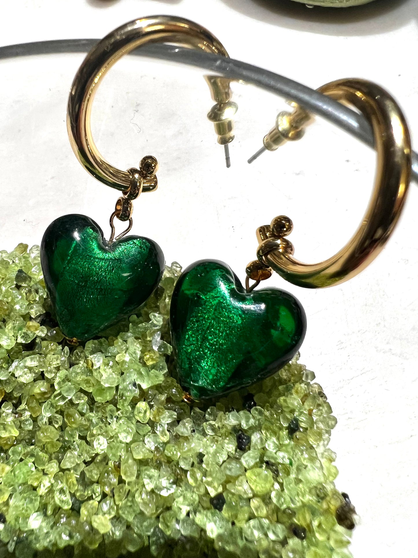Green Glass Heart Earrings