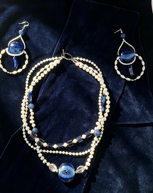 Deep Sea Echo Collection 3-Layer Deep Blue Glass & Natural Pearl Statement Necklace