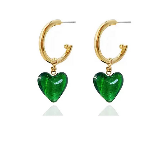 Green Glass Heart Earrings