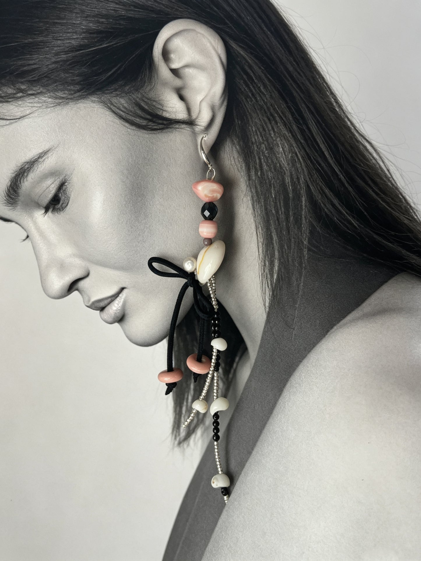 Natural Shell & Pink Opal Asymmetric Tassel Earrings