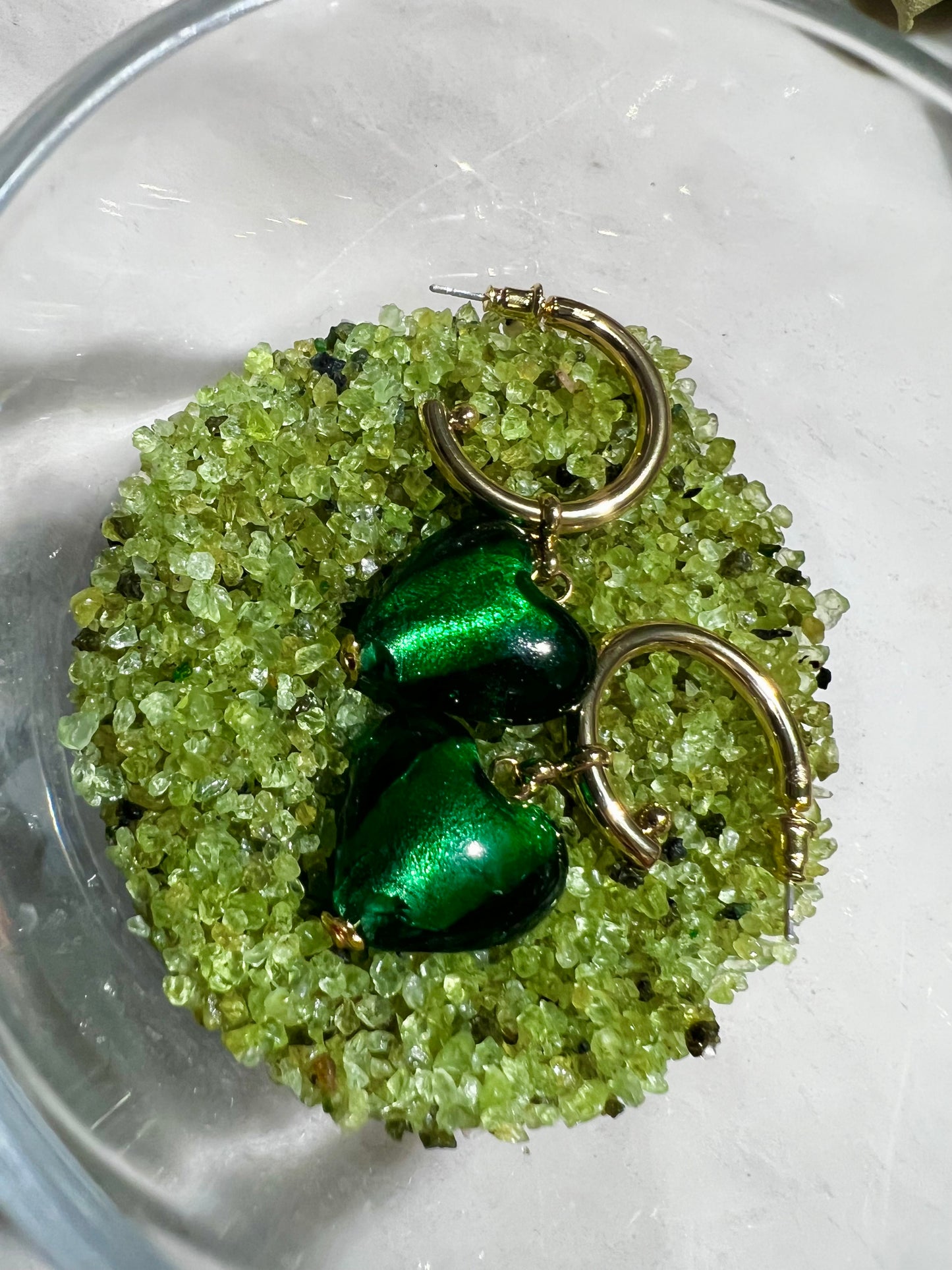 Green Glass Heart Earrings