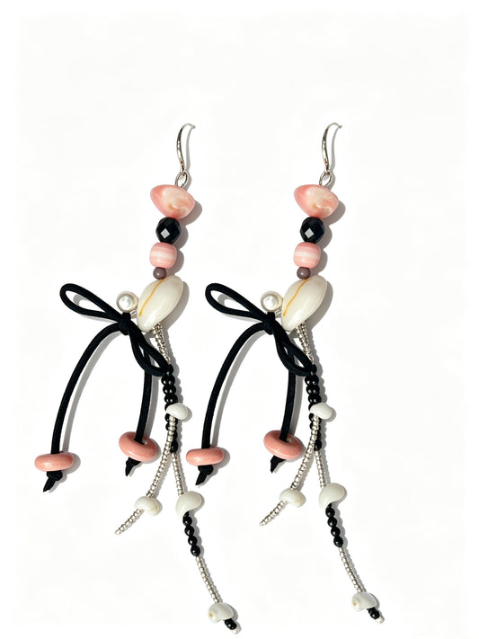 Natural Shell & Pink Opal Asymmetric Tassel Earrings