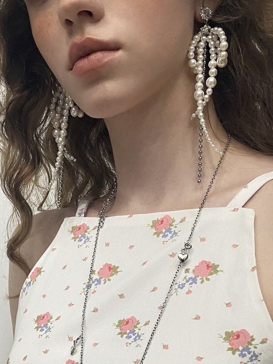 Zircon Pearl Beaded Bow Chain Stud Earrings