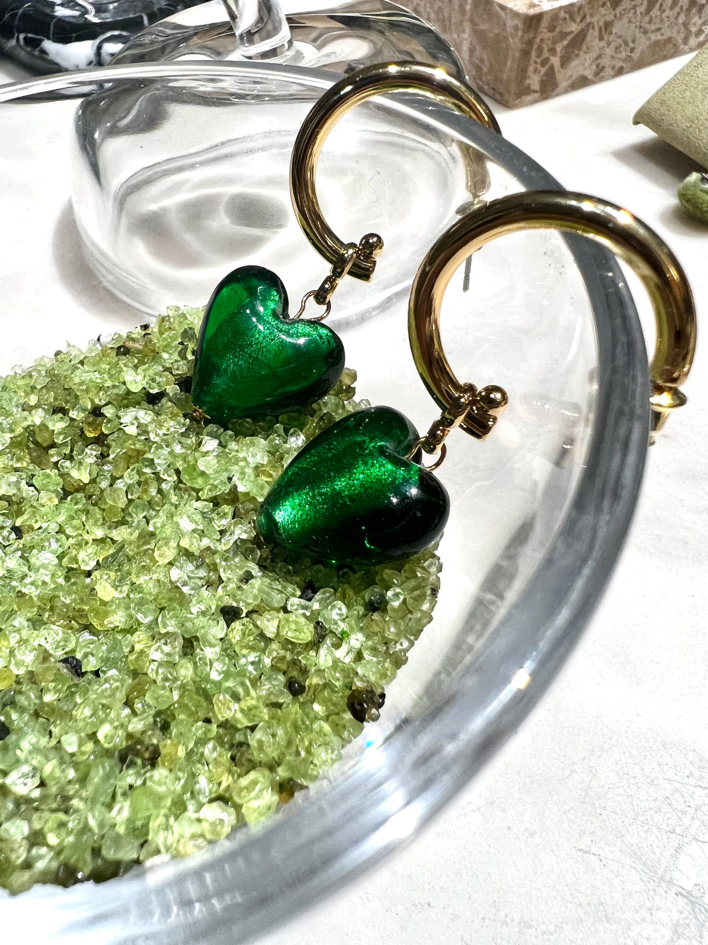 Green Glass Heart Earrings