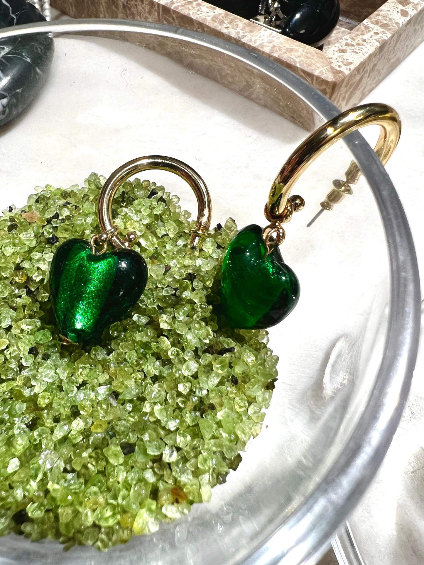 Green Glass Heart Earrings